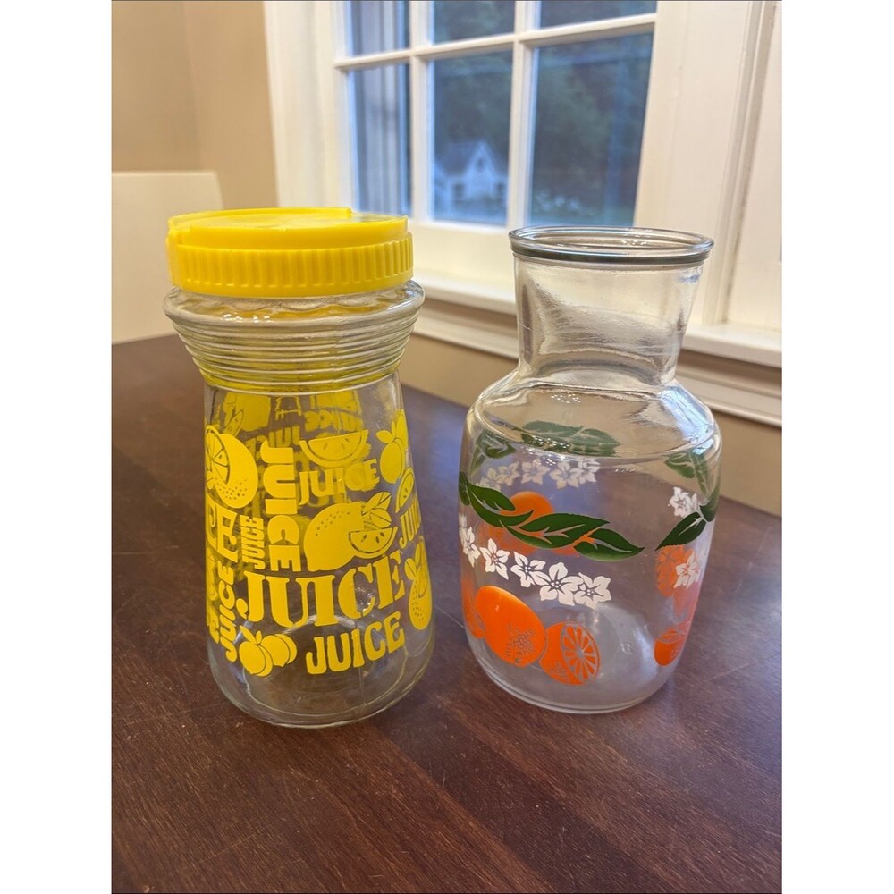 Anchor Hocking lemon and Orange Printed Glass Juice Bottles